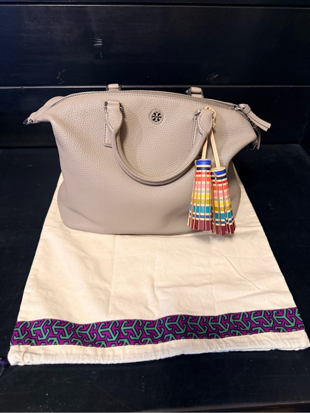 Tory Burch Taupe Pebbled Leather Satchel with Multicolor Tassel